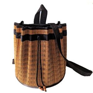 Baskets of Cambodia backpack. Drawstring closure, bucket style bag.